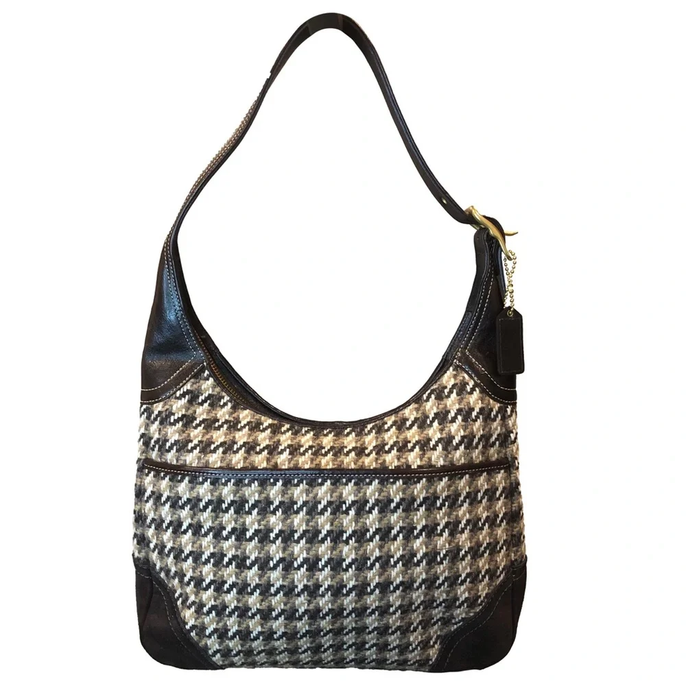 Vintage COACH Hampton Leather & Houndstooth Wool Hobo w Magnetic Front Pocket